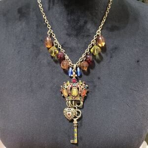 Gold Layered Multi-Row Crown Crystal Key King Heart Cross Charm Long Necklace